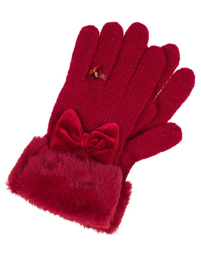 Bow Diamond Ring Knit Gloves, Red (RED), large