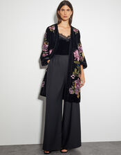Freya Velvet Embroidered Kimono, Black (BLACK), large