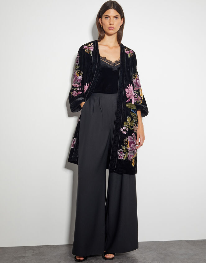 Freya Velvet Embroidered Kimono, Black (BLACK), large