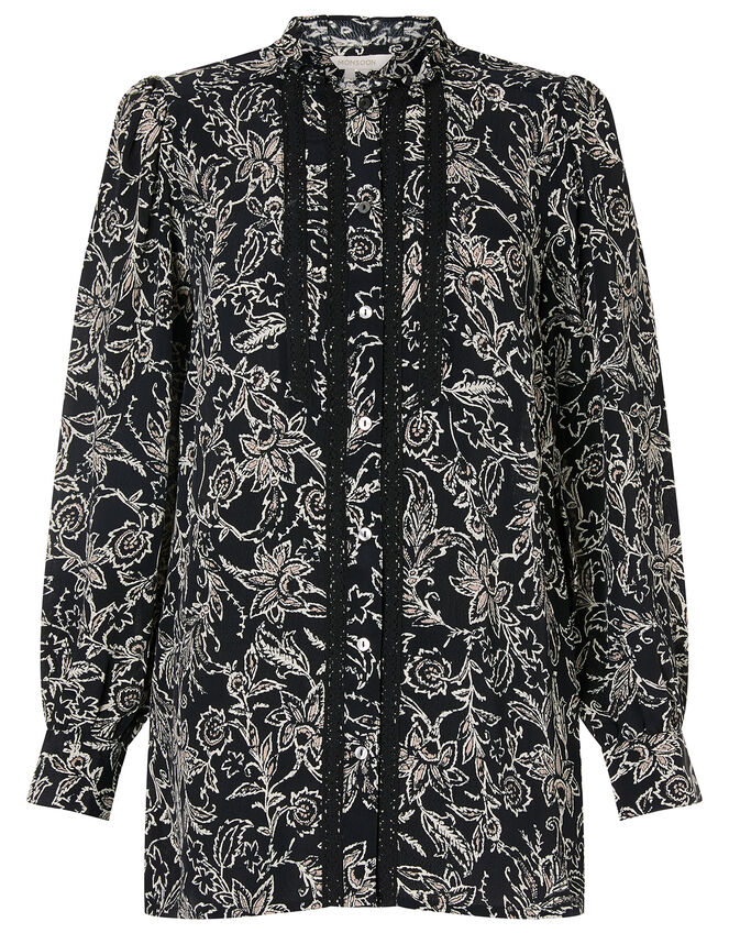 Lace Trim Floral Blouse in Sustainable Viscose, Black (BLACK), large