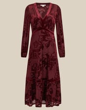 Dolly V-Neck Floral Devor&eacute; Jersey Midi Dress, Red (BURGUNDY), large