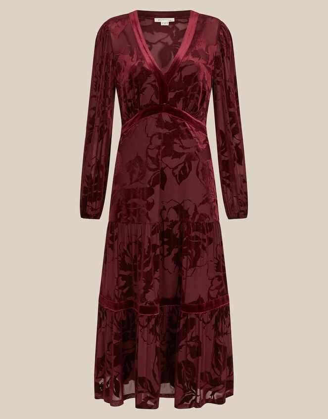 Dolly V-Neck Floral Devor&eacute; Jersey Midi Dress, Red (BURGUNDY), large