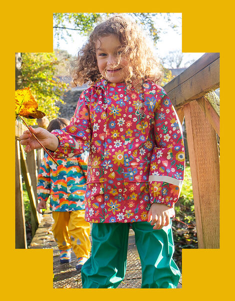 Frugi Floral Puddle Buster Waterproof Coat, Pink (PINK), large