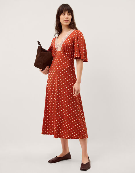 Peri Polka Dot Jersey Midi Dress, Orange (RUST), large