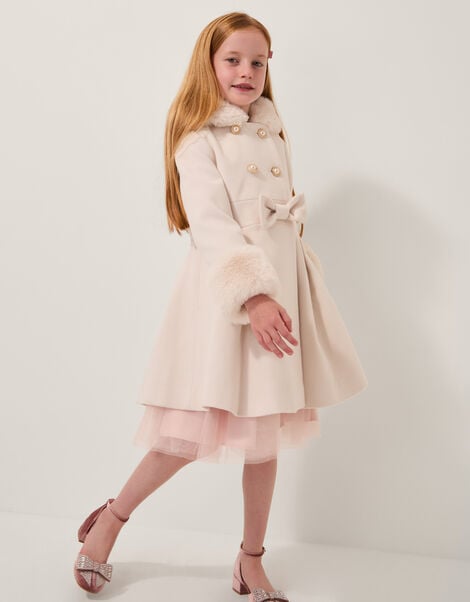 Faux Fur Hood Double Breasted Coat, Cream (CREAM), large