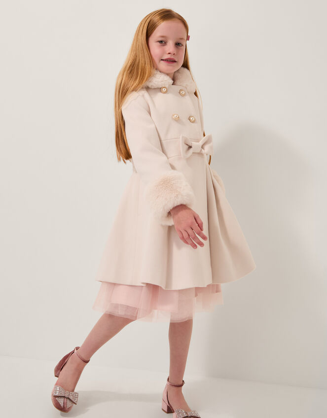 Faux Fur Hood Double Breasted Coat, Cream (CREAM), large