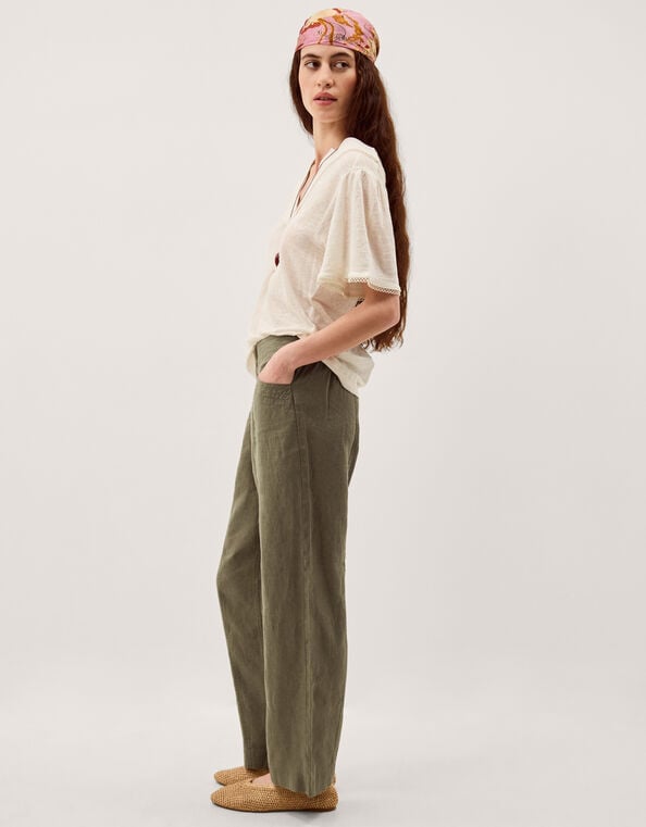 Lucy Short Straight Leg Linen Pants, Green (KHAKI), large