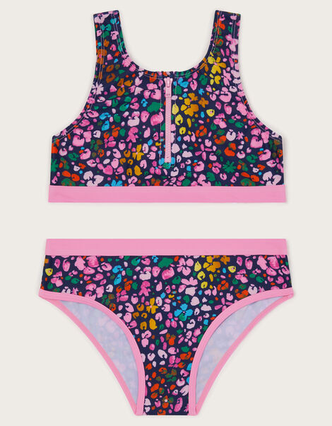 Leopard Print Sporty Zip-Up Bikini Set, Blue (NAVY), large
