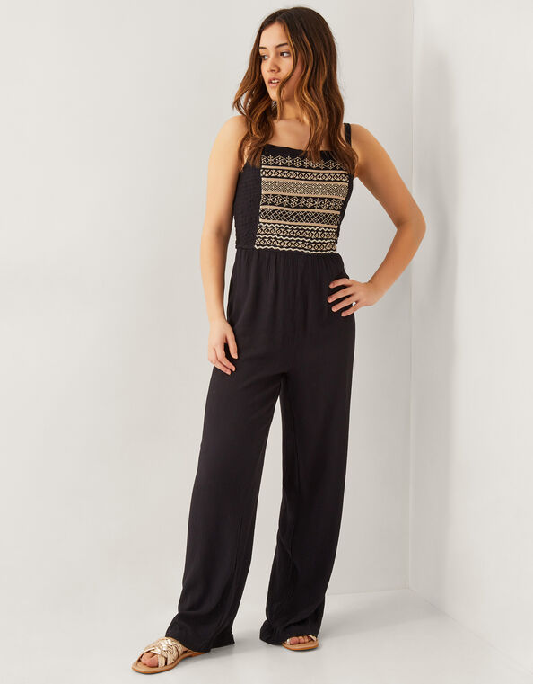 Strappy Embroidered Jumpsuit, Black (BLACK), large