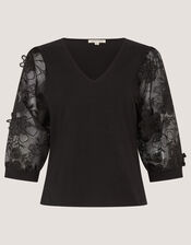 Fi Floral Appliqu&eacute; Jersey Top, Black (BLACK), large