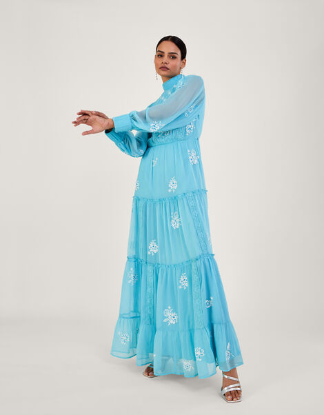Maddie Embroidered Maxi Dress in Recycled Polyester, Blue (AQUA), large