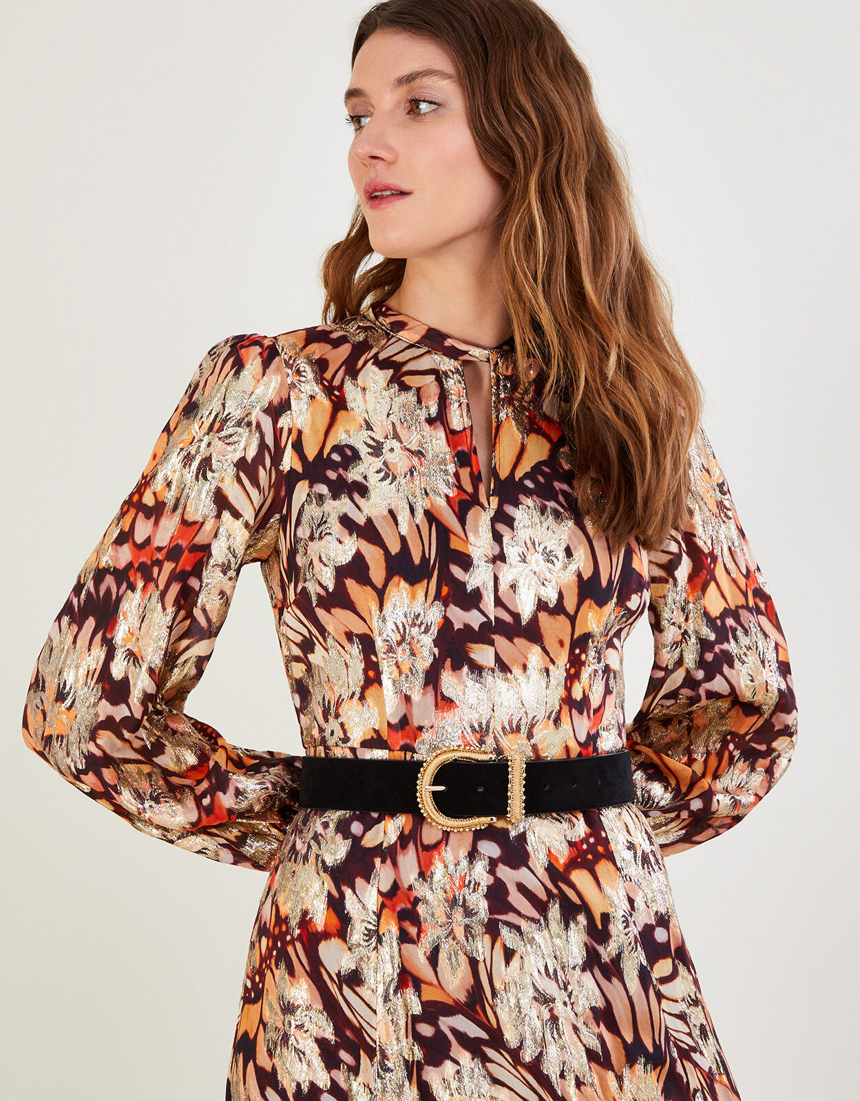 Leona Metallic Print Midi Dress Red