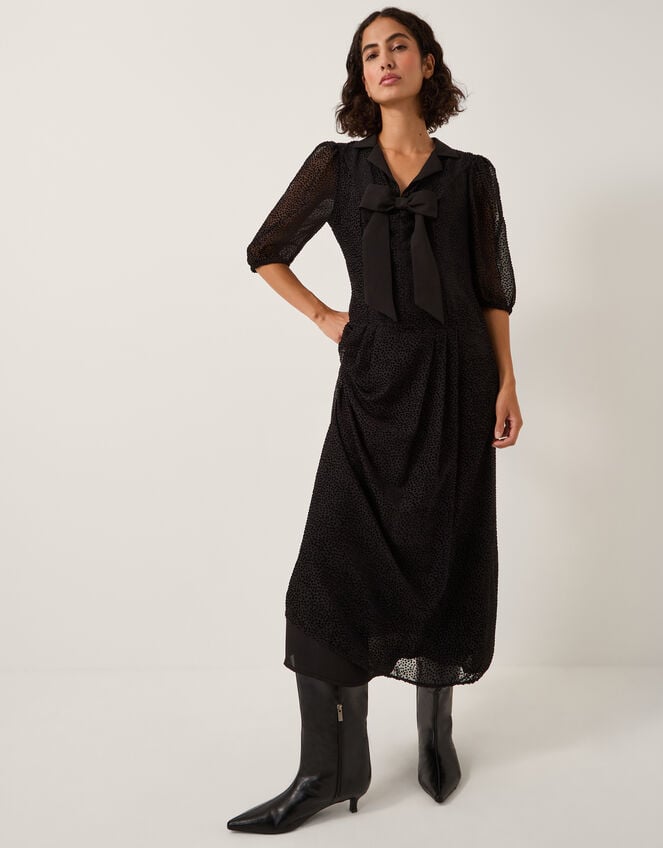 Mae Polka Dot Devor&eacute; Midi Dress, Black (BLACK), large