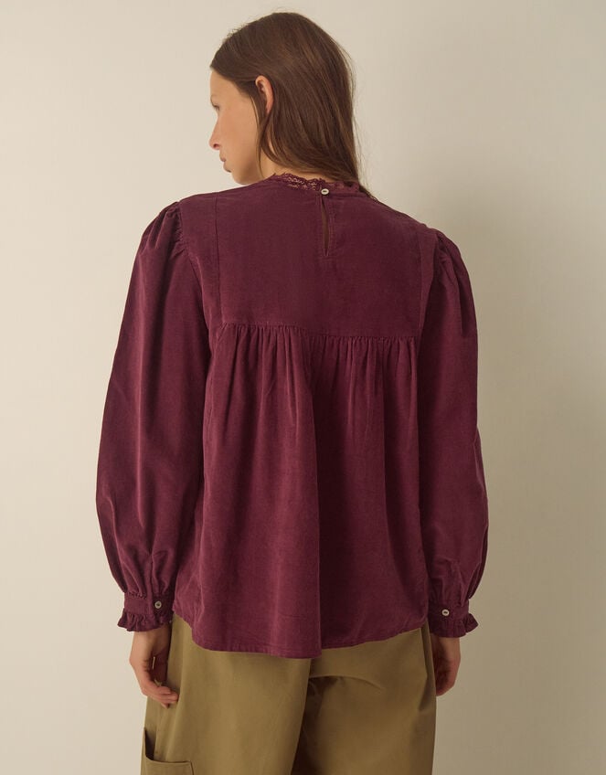 Tyra Long Sleeve Embroidered Corduroy Top, Red (BURGUNDY), large