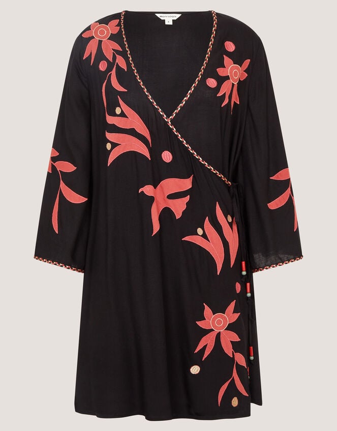 Zora Embroidered Mini Wrap Dress, Black (BLACK), large