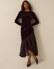 Beatrix Velvet Lace Midi Dress, Black (BLACK), large