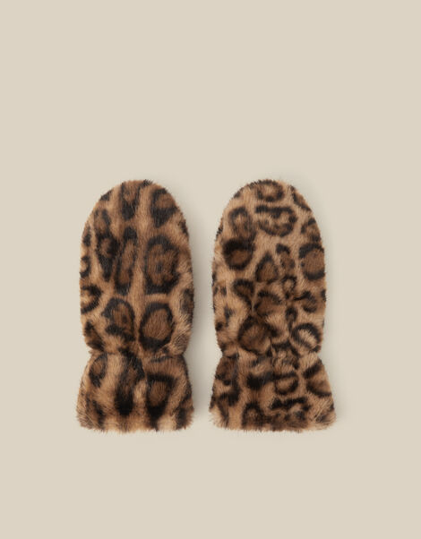 Niya Leopard Print Faux Fur Mittens, , large