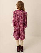 Long Sleeve Floral Print Dress, Red (BURGUNDY), large