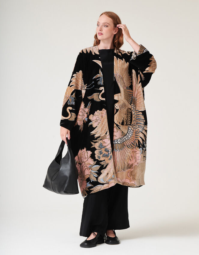 One Hundred Stars Crane Print Velvet Kimono, , large