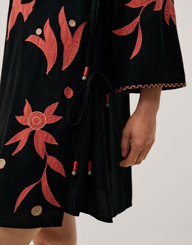 Zora Embroidered Mini Wrap Dress, Black (BLACK), large