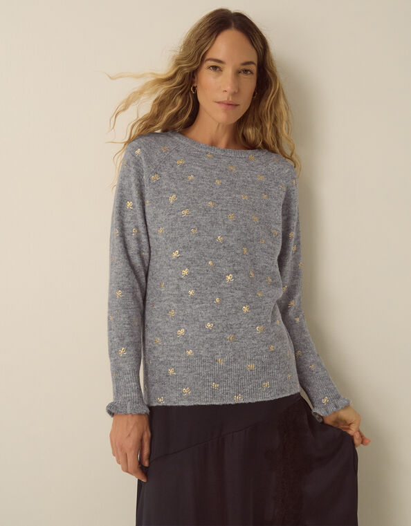 Fee Foil Bow Print Crew Neck Sweater, Gray (GREY), large