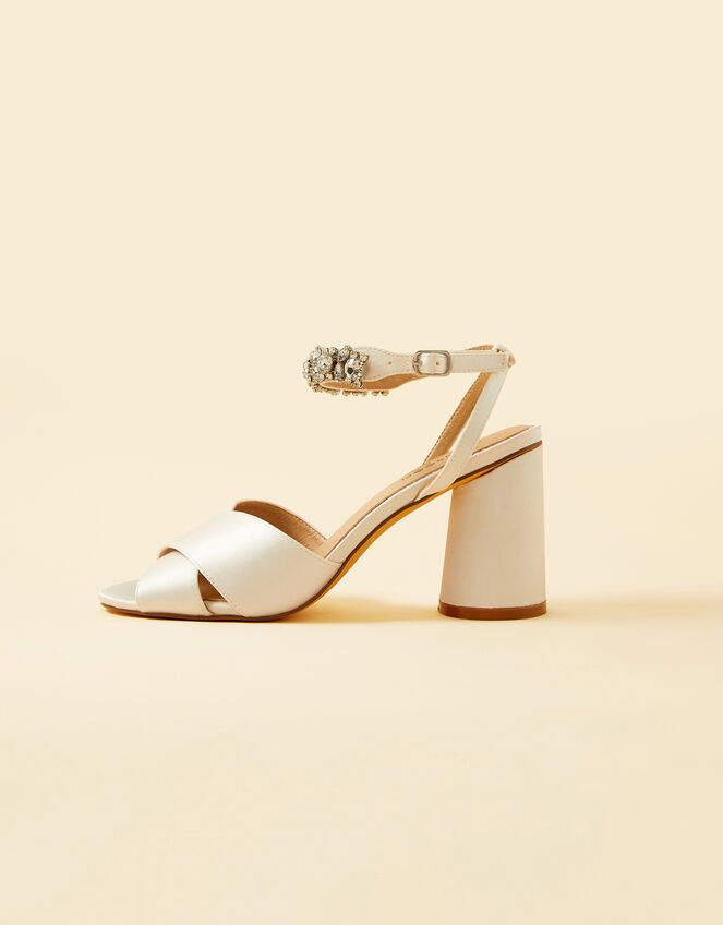 Embellished Trim Low Block Heel Bridal Sandals, Ivory (IVORY), large
