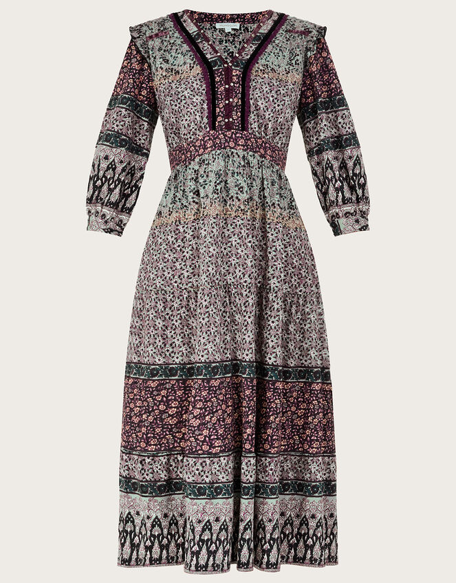 Velvet Trim Patch Jersey Dress in Sustainable Cotton, Green (GREEN), large