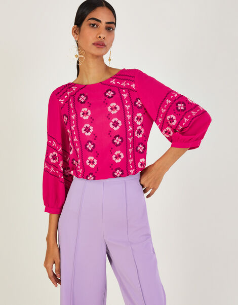 Elliana Embroidered Top in Sustainable Viscose Pink, Pink (PINK), large