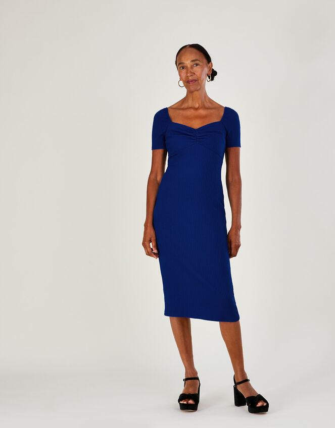 Ribbed Sweetheart Midi Jersey Dress, Blue (COBALT), large