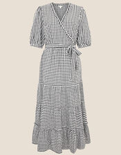 Gingham Wrap Dress, Black (BLACK), large