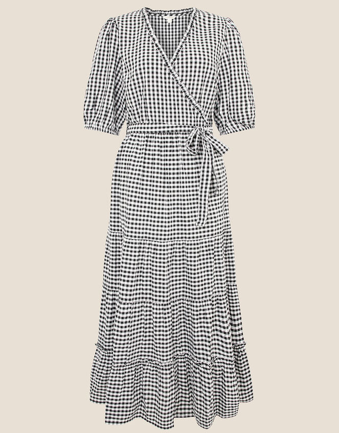 Gingham Wrap Dress, Black (BLACK), large