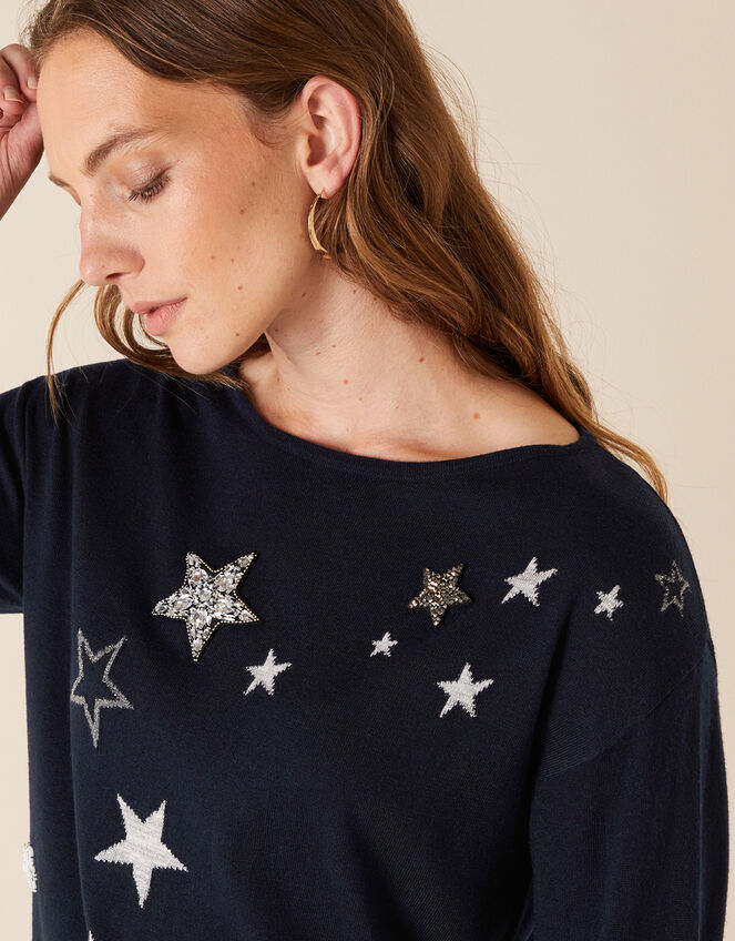 Sparkle Star Knit Jumper with Recycled Fabric, Blue (NAVY), large