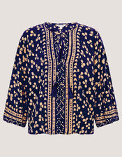Clover Print Tassel Top, Blue (NAVY), large