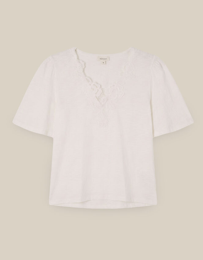 Layla V-Neck Lace Jersey Top, Ivory (IVORY), large