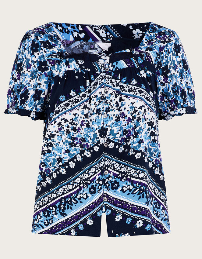 Paisley Floral Printed Square Neck Top Blue