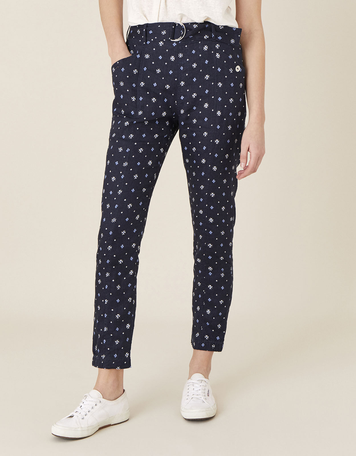 Dolly Printed Trousers in Pure Linen Blue Trousers Leggings