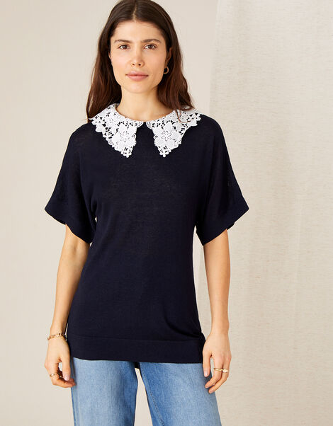 Short Sleeve Collar Jumper in Linen Blend Blue, Blue (NAVY), large