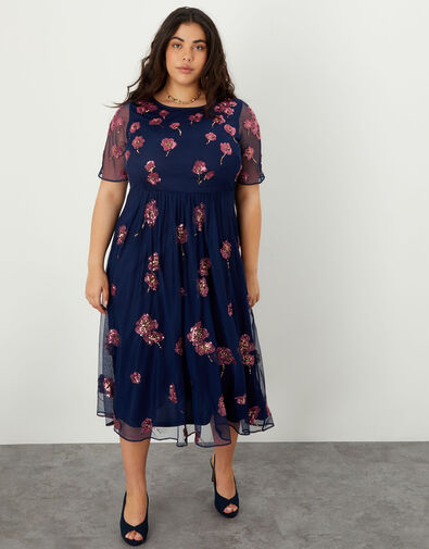 Ruby Embellished Midi Dress in Recycled Polyester, Blue (NAVY), large