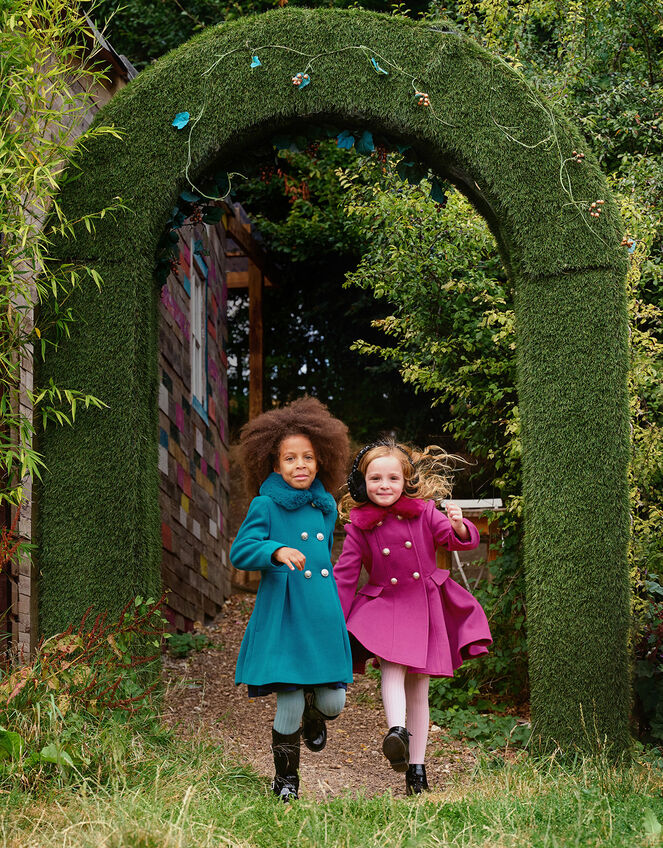Double Breasted Skirted Coat with Faux Fur Collar, Teal (TEAL), large