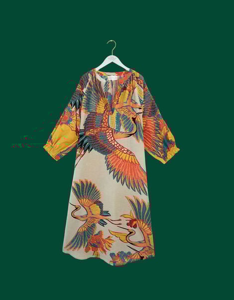 One Hundred Stars Crane Print Midi Dress, Natural (STONE), large