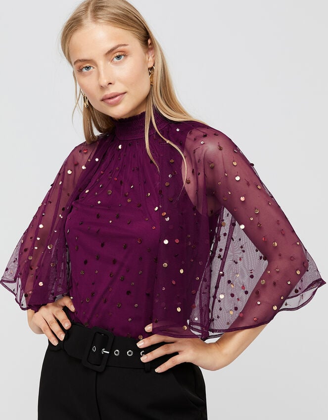 Kimberley Sequin Cape Top, Red (BERRY), large