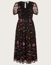 Fenn Embroidered Midi Dress in Recycled Polyester , Black (BLACK), large
