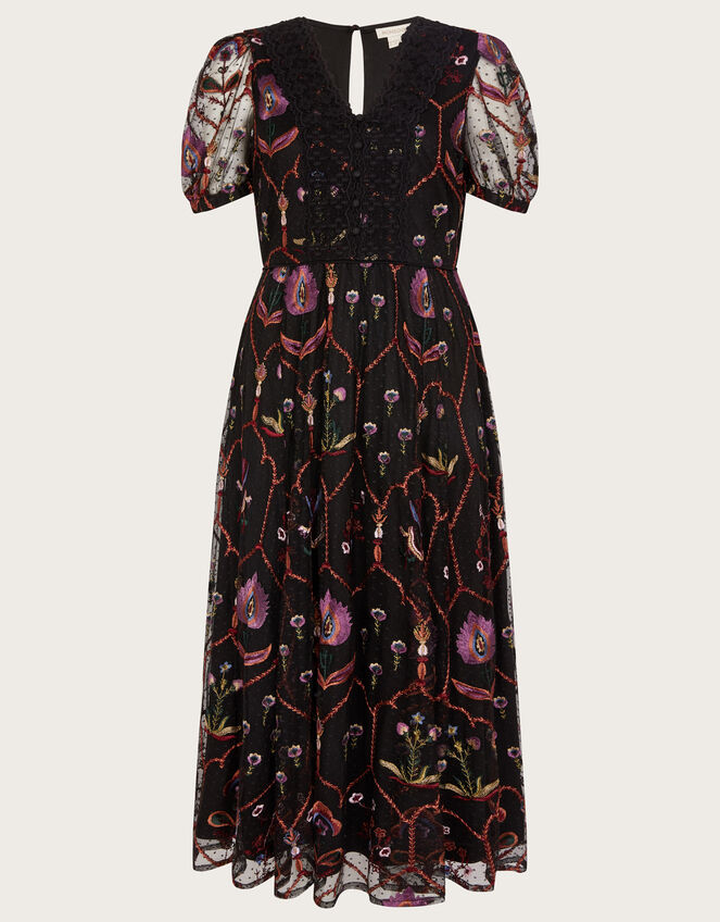 Fenn Embroidered Midi Dress in Recycled Polyester , Black (BLACK), large