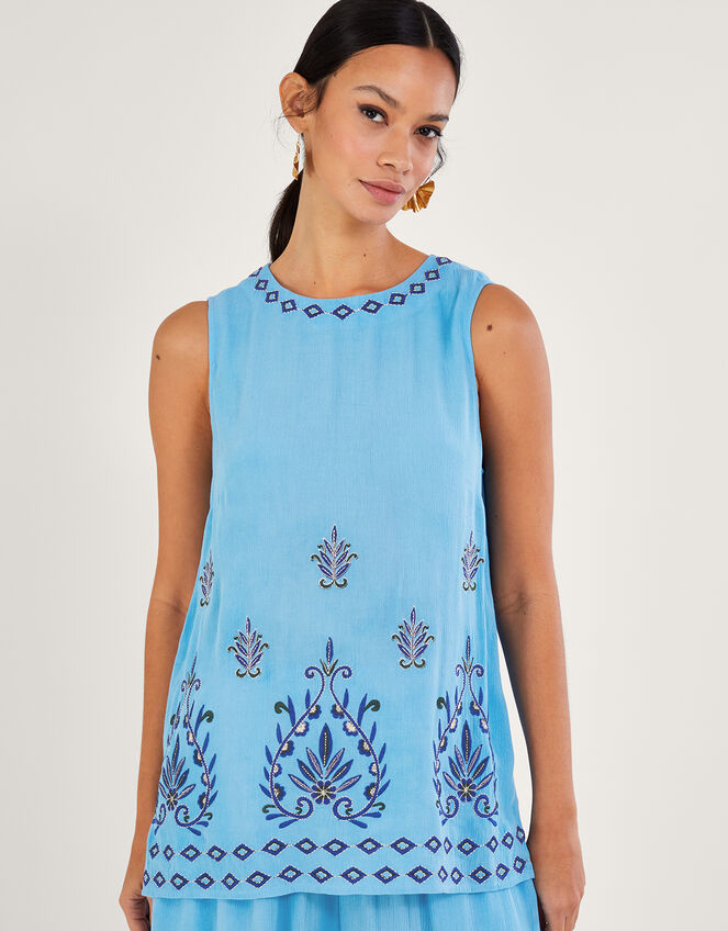 Embroidered Sleeveless Tank Top in LENZING™ ECOVERO™, Blue (BLUE), large