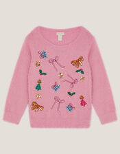 Embellished Fuzzy Christmas Sweater, Pink (PINK), large