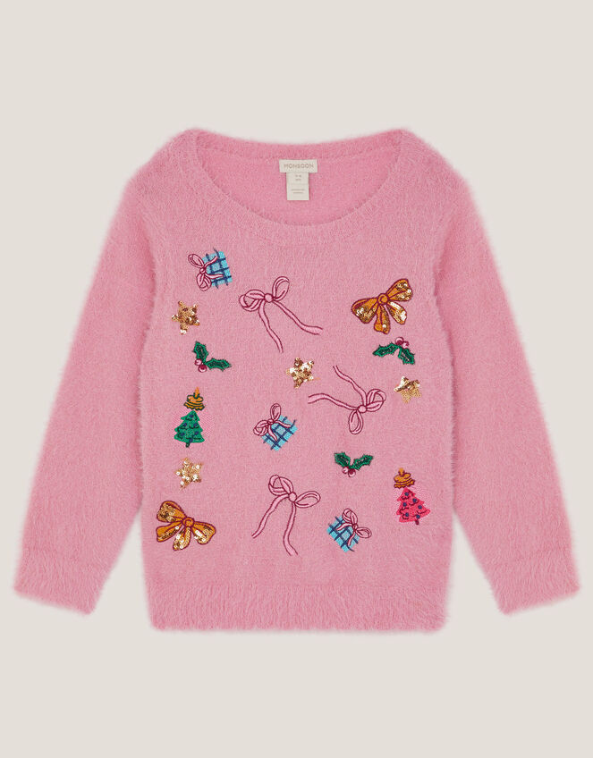 Embellished Fuzzy Christmas Sweater, Pink (PINK), large