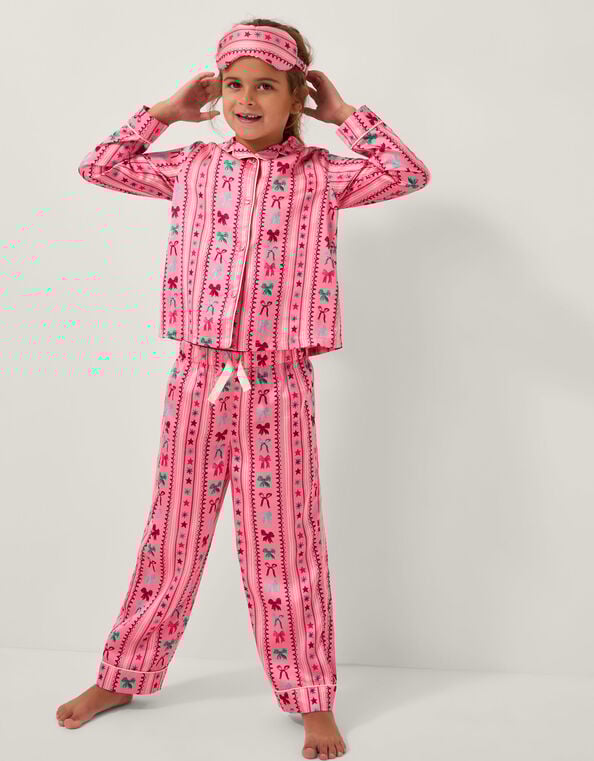Bow Print Satin Long Pyjamas & Sleep Mask Set, Pink (PINK), large