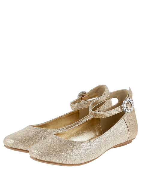 Embellished Buckle Metallic Ballerina Flats, Gold (GOLD), large