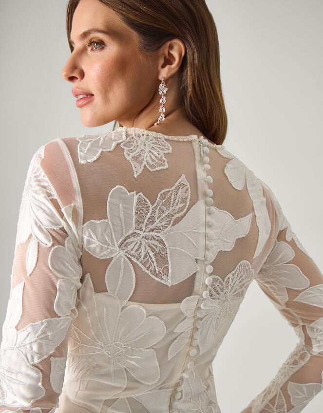 Milena Long Sleeve Floral Embroidered Mesh Wedding Dress, Ivory (IVORY), large
