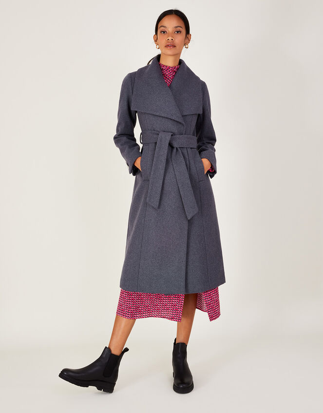 Kristen Smart Belted Robe Coat with Recycled Polyester, Grey (GREY), large